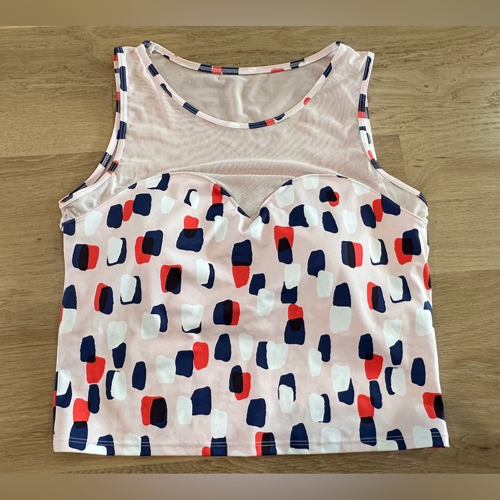 Kortni Jeane Pink Mesh Yoke Printed Tank Top with Navy & Red Accents